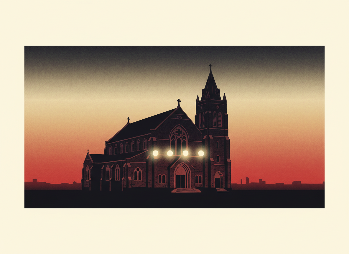 A historic church silhouette at dawn with four points of light honoring four girls killed in the 1963 Birmingham church bombing.