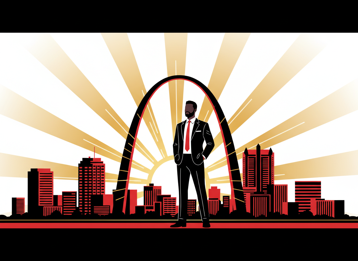 A confident Black adult faces a sunrise over the St. Louis skyline and Gateway Arch.